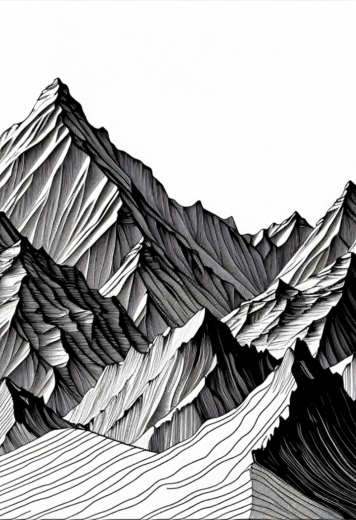 Free: Vertical black and white graphic painting of a mountain range -  