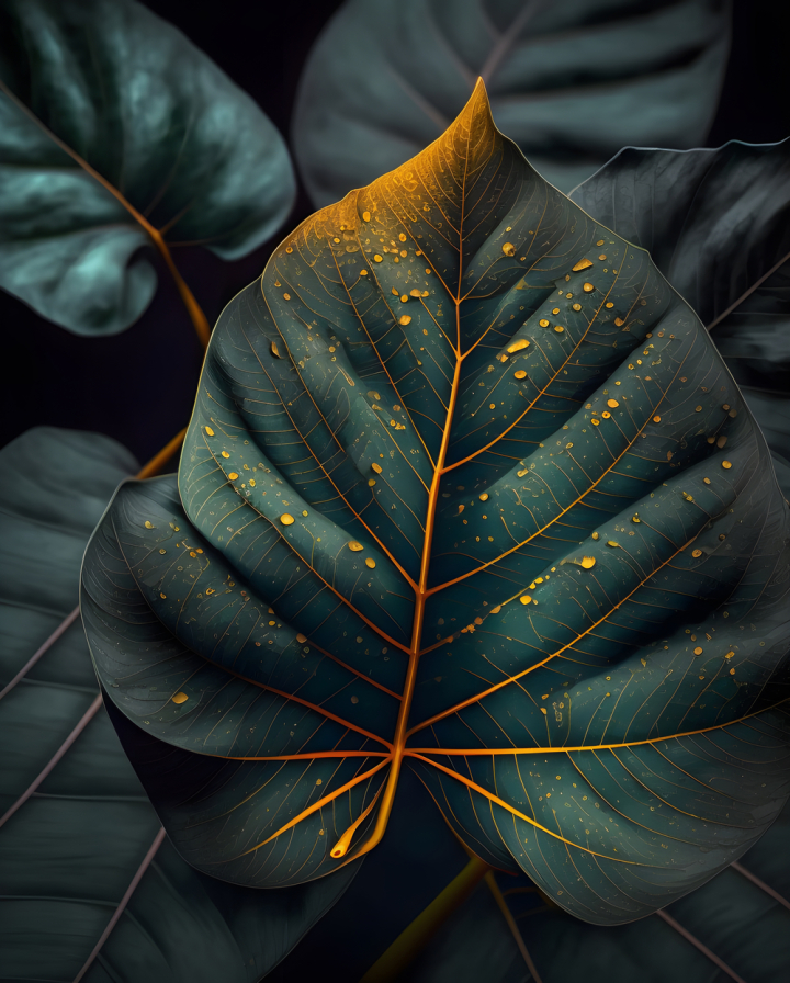 Free: Green leaf design with gold lines on a black background 
