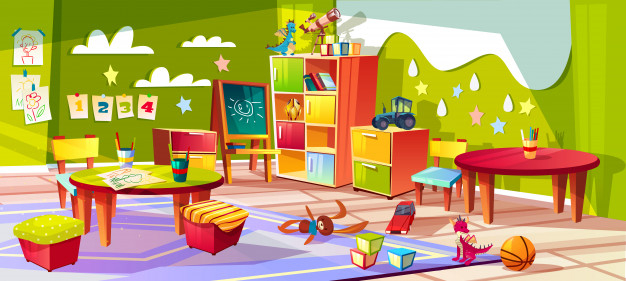 Free: Kindergarten or kid room interior illustration. empty cartoon  background with child toys Free Vector 