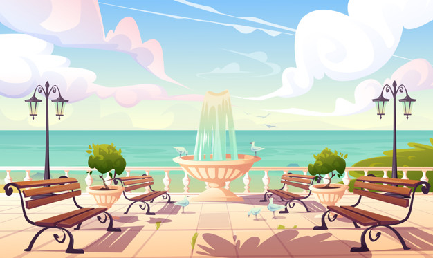 seafront,outside,seaside,fountain,view,outdoor,urban,illustration,cartoon,nature,summer