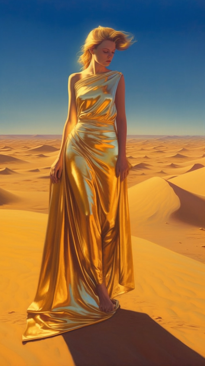 woman,ai generated,shiny,satin dress,young woman,gorgeous,sand,desert,sand dunes,ai generated face,yellow