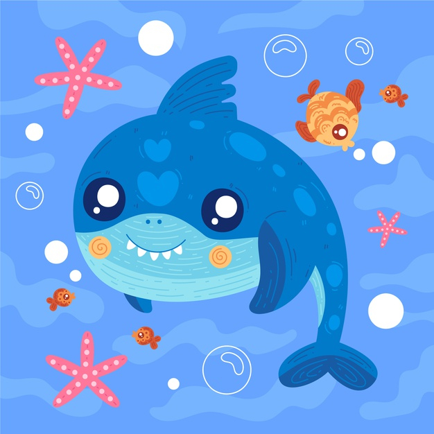 Free: Baby shark with small teeth and fish Free Vector 