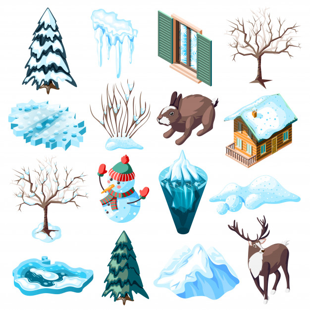 Free: Winter landscaping set of isometric icons with animals bare trees and  bushes frozen lake isolated Free Vector 