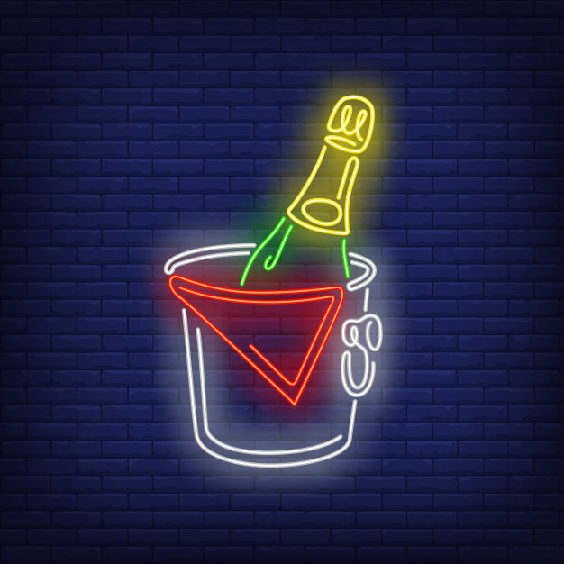 illuminated,alcoholic,luminous,cooling,nightlife,glowing,shiny,bucket,bright,signboard,electric,announcement,brick,emblem,modern,night,champagne,billboard,drink,decoration,flat,bottle,sign,neon,wall,promotion,art,light,restaurant,party,abstract