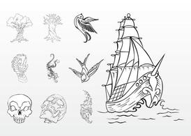 skull,tree,bird,dragon,animal,tiger,pirate,head,sailing,water,ocean,sail,ship,waves,swallow,tattoo vector,com365psd
