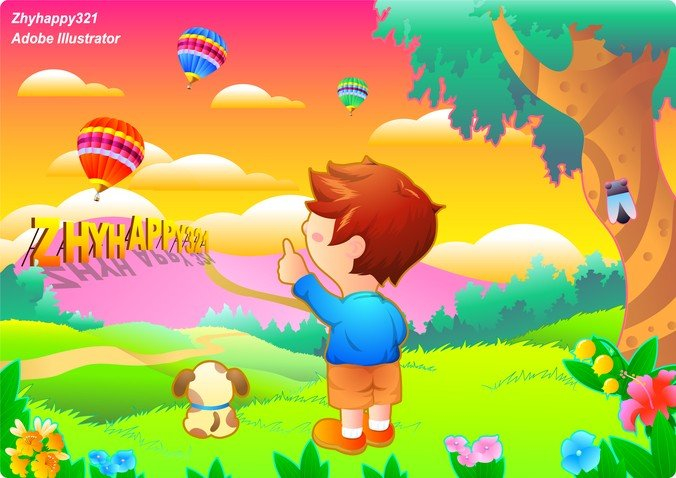 children,cicada,clouds,dog,flying scenery,grass grasshopper,hot air balloon,scenic,trees,com365psd