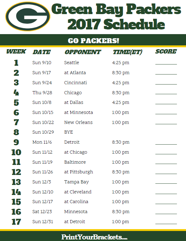 Free 2017 Green Bay Packers Football Schedule Printable NFL