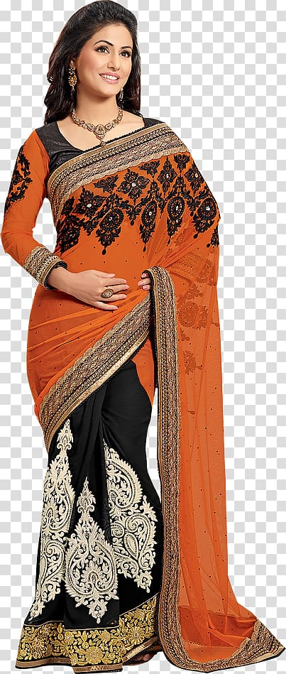 Free: Women's orange and black sari dress, Hina Khan Wedding sari Georgette  Lehenga-style saree, clearance sale. transparent background PNG clipart 