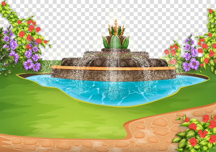 Download Flower Garden With Water Fountain Picture