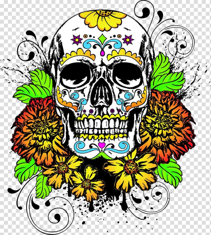Free: Sugar skull , Calavera Marigold Day of the Dead Human skull symbolism  Death, Color skeleton head skull transparent background PNG clipart 
