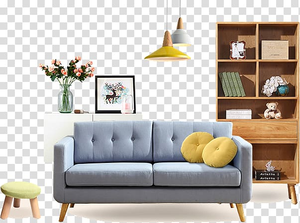 Free: Blue 2-seat sofa in room beside brown wooden shelf rack, Furniture  Poster Couch, Home Furnishings transparent background PNG clipart 