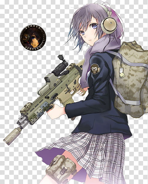 Free: Anime Girl with gun render, female purple hair anime character  holding assault rifle transparent background PNG clipart 