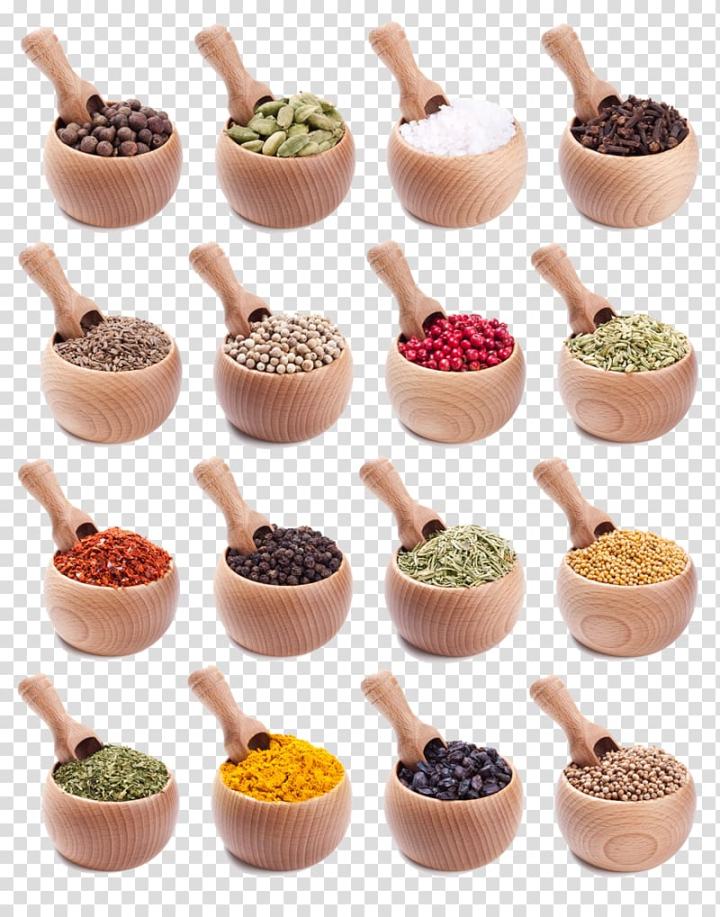 Free: Variety of condiments, Spice Condiment Herb Seasoning Black pepper,  Wooden bowl of seasoning spices transparent background PNG clipart -  