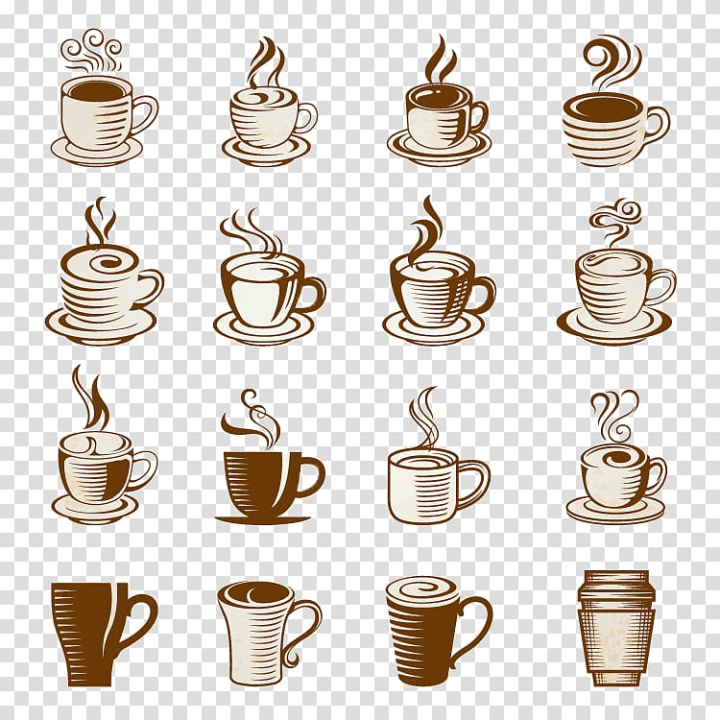 Hand drawn coffee cup seamless pattern design. Coffee cups vector pattern,  free hand drawn cups on brown background. Stock Vector