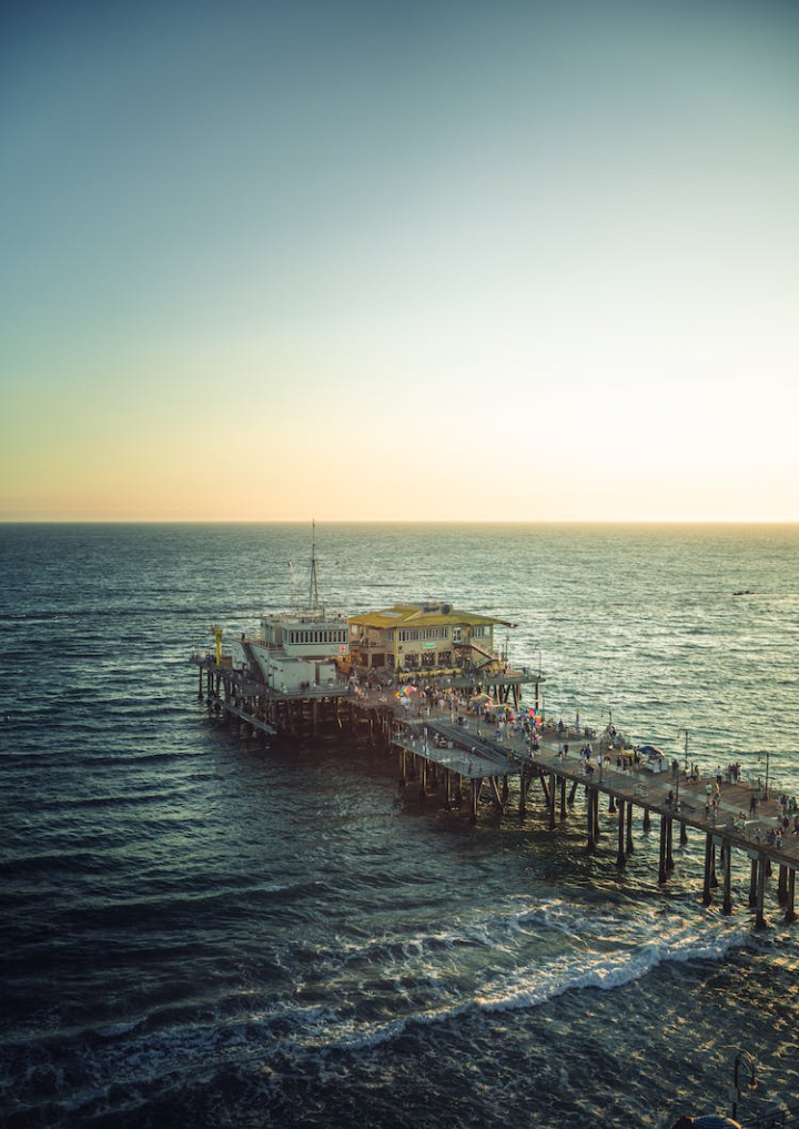 aerial photography,beach,california,coast,dusk,nature,ocean,pier,santa monica,santa monica pier,shore,sunset,usa,vertical shot,water