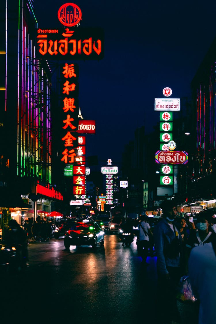 architecture,bangkok,buildings,chinatown,city,city lights,illuminated,neon lights,nightlife,nighttime,people,road,signage,stores,street,street photography,thailand,vertical shot,yaowarat