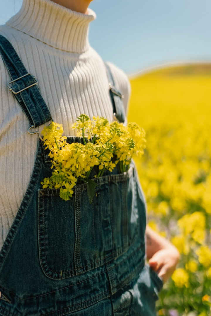 blooming,blossom,close up,denim dungarees,flower field,in bloom,oilseed,person,rapeseed,spring,super bloom,superbloom,unrecognizable,vertical shot,yellow flowers