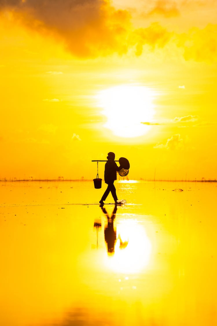 back lit,beach,bucket,dramatic sky,golden sunrise,person,reflection,silhouette,vertical shot,walking