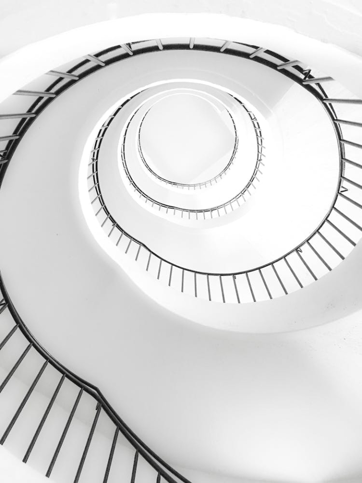 architecture,black and white,black and white background,black and white wallpaper,go,low angle shot,minimalism,minimalistic,monochrome,perspective,spiral staircase,staircase,stairs