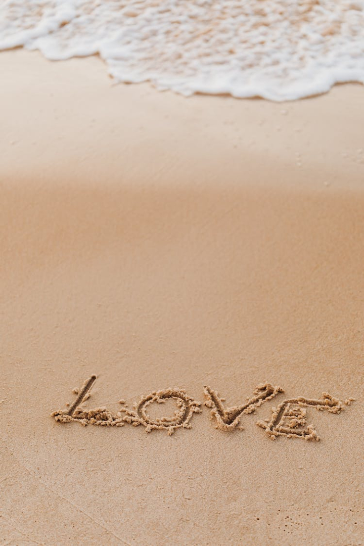 beach sand,close-up,love,sand,shore,vertical shot,word