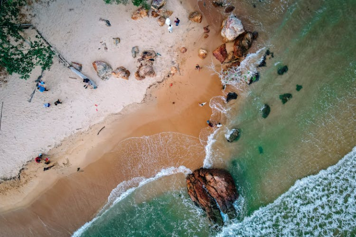 aerial photography,beach,clear water,drone shot,nature,ocean,people,rock formations,rocks,sand,scenery,scenic,sea,sea foam,seascape,seashore,top view,waves