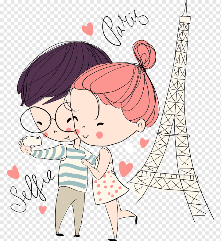 Free: illustration of male and female taking selfie with Eiffel Tower, Girl Cartoon  Drawing, bulk Couple, love, child, text png 
