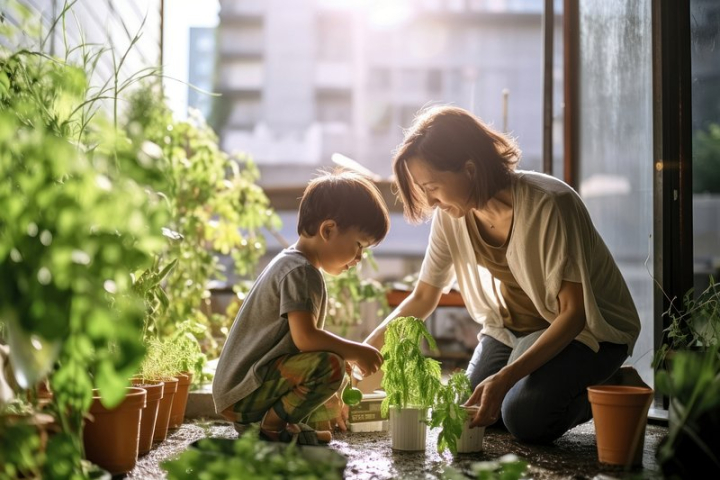 urban agriculture,watering plants,kid,family,agriculture,green organic,photo urban,children adult,child looking down side,adult,architecture,bonding,rawpixel
