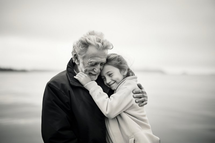 grandfather love,hug,monochrome,adult,affectionate,apparel,arm around,baby,beach,black and white,blazer,body of water,rawpixel