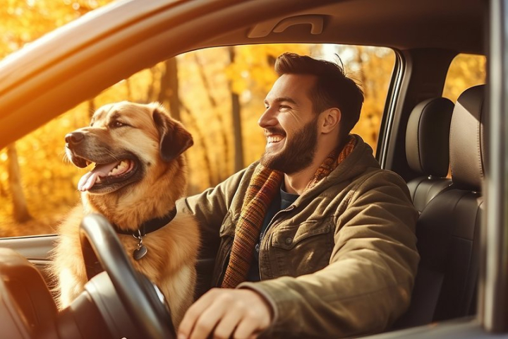 a men with a dog,car happy,beautiful land,golden fall,dog  men,fall leaves,people driving,dog person,dog and human,fall landscape,man in autumn,8k,rawpixel
