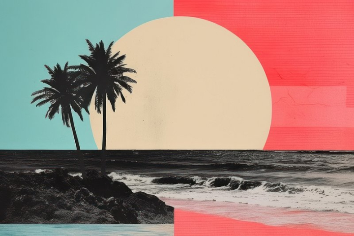 sunset,paper,palm tree,plant,art,sky,collage,sea,beach,ocean,tree,water,rawpixel
