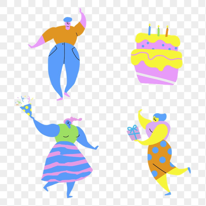 sticker pack,confetti stickers,confetti,box  ornament,dance figure,sticker set doodle,cake,birthday cake,happy woman illustration,happy birthday sticker png,woman dancing,cartoon,png,rawpixel
