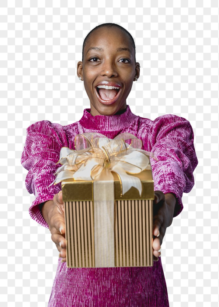 gift box,party,gift,black woman holding box,gift box png,hand holding png,black people,birthday people,birthday lady,celebration woman,surprised people png,present give,png,rawpixel