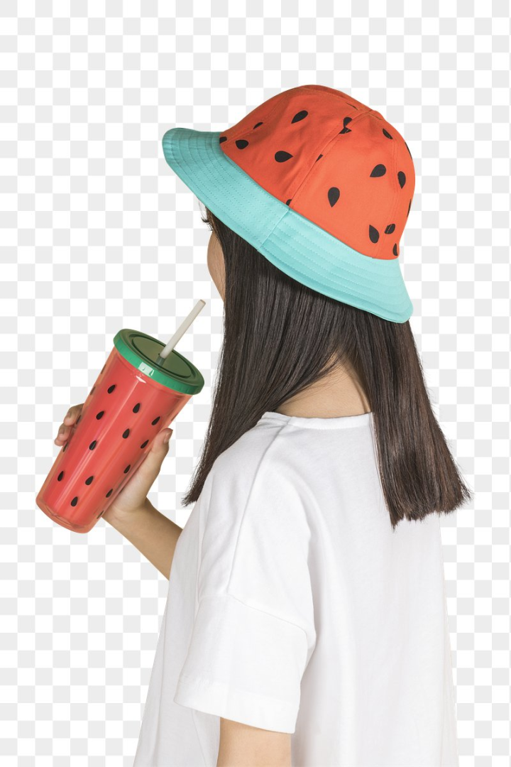 watermelon,vacation,tumbler,bucket hat,woman side profile,girl drinking,women tumbler,t-shirt side profile,thirsty,drink water,woman portrait png,water,png,rawpixel