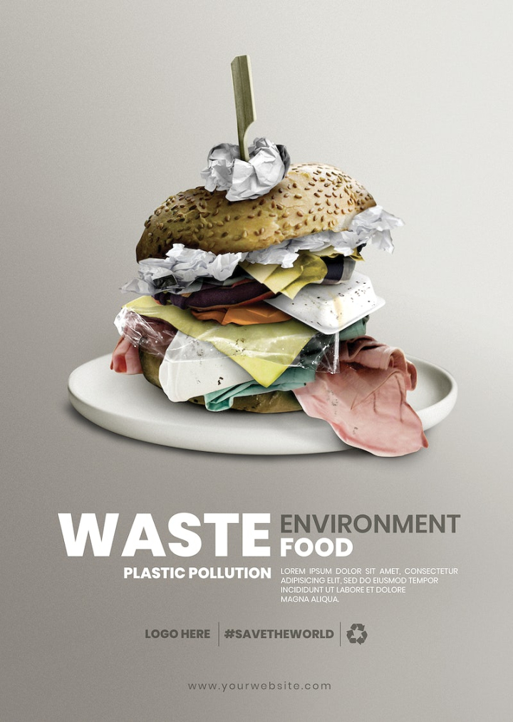burger,poster,food,environment,waste,plastic,plastic pollution,pollution,garbage,food waste,sustainable,junk food,rawpixel