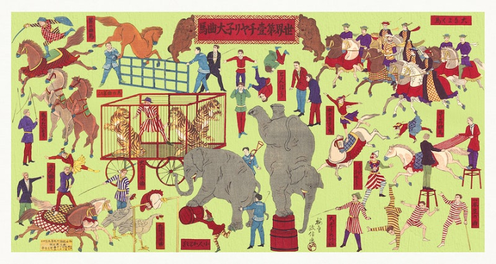 acrobat,circus,vintage,tiger,animal,poster,elephant,illustration,japan,clown,art,vintage illustration,rawpixel