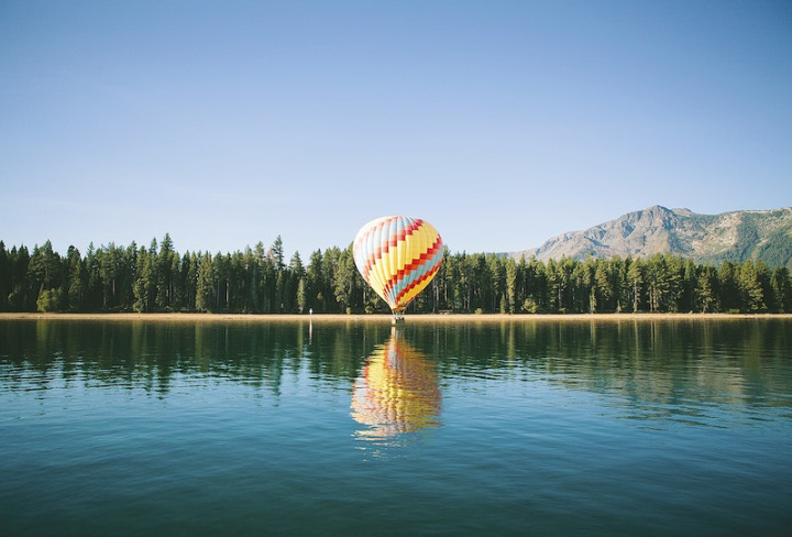 landscape,hot air balloon,summer,mountain,balloon,lake tahoe,reflection,lake,mountains photo,travel,adventure,tahoe,rawpixel