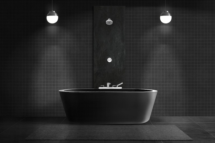 bathroom,bathroom mockup,bathtub,bathroom wall,shower,tiles mockup,wall mockup,bathroom interior,black furniture,interior,bathroom shower,luxury bathroom wall mockup,rawpixel