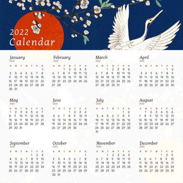 calendar 2022,2022,calendar template,2022 calendar template,moon calender,cherry,12 months,calendar 2022 design graphic,calendar,blue bird,vintage floral,Year calendar template,rawpixel