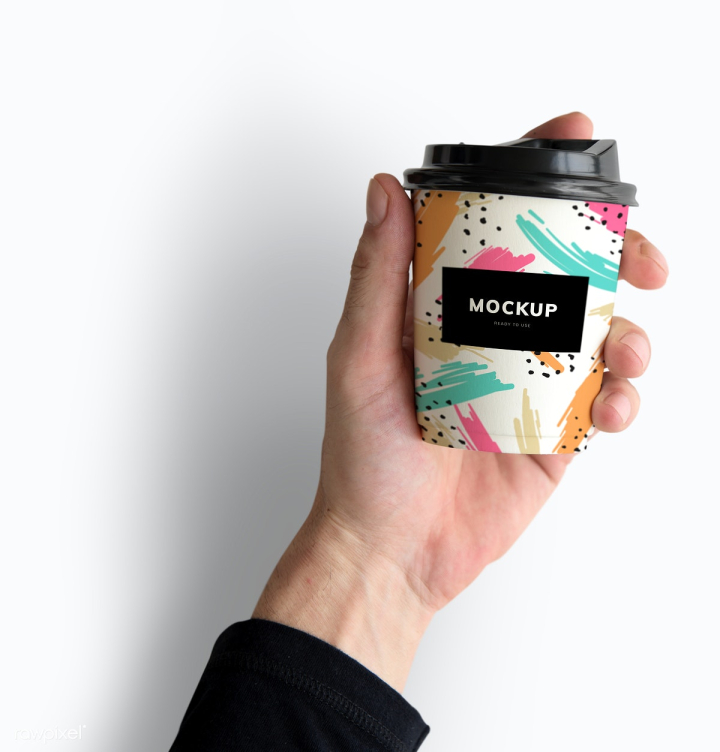 mockup,mock up,psd,eco friendly,coffee cup,background,beverage,black lid,brand,branding,caffeine,coffee,colorful,cup,disposable cup,free,hand,holding,isolated,isolated on white,lid,memphis,paper coffee cup,paper cup,pattern,plastic lid,takeaway,template,white,white background