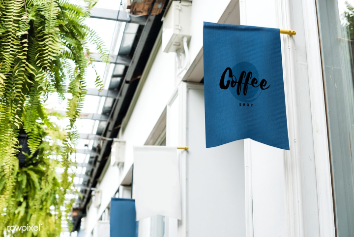 mockup,outdoor,attached,banner,beverage,blank,blank space,blue,brand,branding,business,cafe,coffee,coffee shop,copyspace,design,design space,empty,entrance,flag,free,green,hanging,leaves,nature,outside,plant,psd,shop,space,store front,style,sunny,text,theme,wall,white