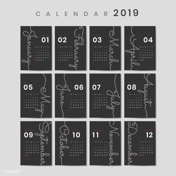 2019,agenda,annual,april,august,black,calendar,calendar design,calendar wall 2019,collection,cursive,date,deadline,december,design,desk calendar 2019,february,graphic,gray,illustrated,illustration,isolated,january,july,june,march,may,month,notification,november,october,organizer,paper,pattern,planner,pocket calendar template,poster,printable,printed,red,schedule,september,set,two thousand nineteen,vector,week,white,year