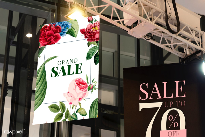 ad,mockup,promotion,70,advertising,business,clearance,deal,design,discount,floral,frame,hanging,marketing,metal structure,percent,poster,retail,sale,selling,shop,sign,signage,store,style