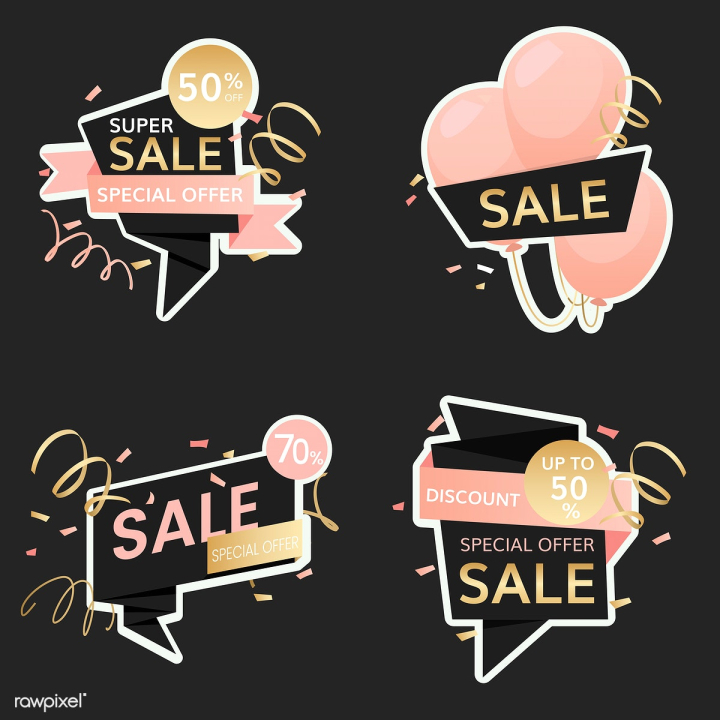 50 percent,50%,70 percent,70%,badge,balloon,banner,black,black background,buy,buying,celebration,clearance,collection,commercial,deal,discount,discounted,element,end of season,feminine,festive,fifty percent,girly,gold,golden,graphic,illustrated,illustration,offer,online shopping,pastel,pink,promotion,retail,ribbon,sale,selling,set,seventy percent,shop,shopping,special offer,sticker,store,super sale,vector,white,yellow