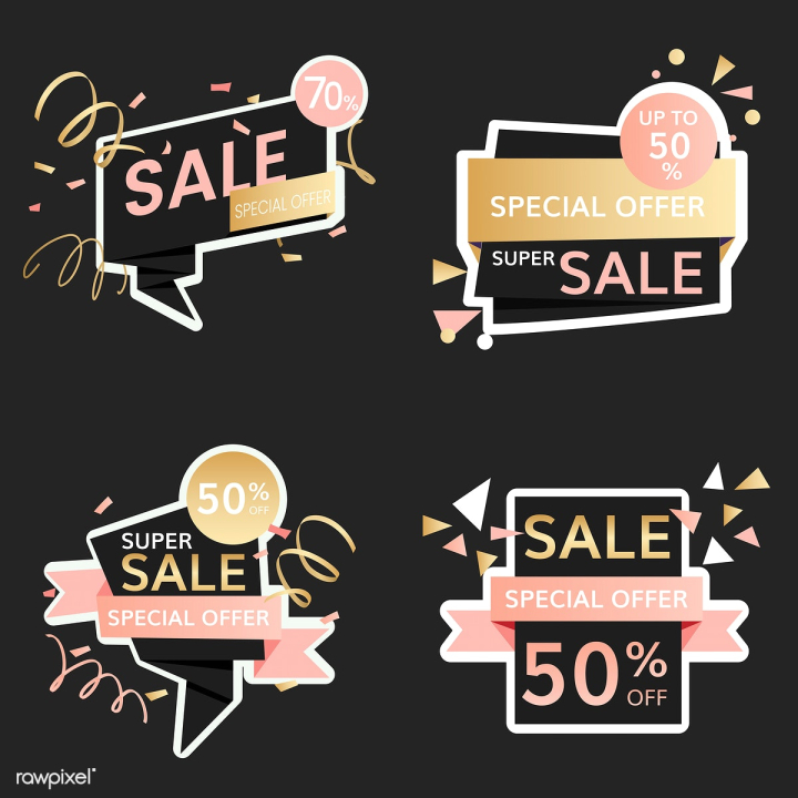 50 percent,50%,70 percent,70%,badge,banner,black,black background,buy,buying,celebration,clearance,collection,commercial,consumer,deal,discount,discounted,element,end of season,feminine,festive,fifty percent,girly,gold,golden,graphic,illustrated,illustration,money,offer,online shopping,pastel,pink,promotion,retail,ribbon,sale,selling,set,seventy percent,shop,shopping,special offer,sticker,store,super sale,vector,white,yellow