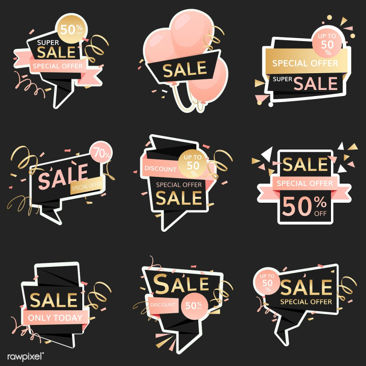 50 percent,50%,70 percent,70%,badge,balloon,banner,black,black background,buy,buying,celebration,clearance,collection,commercial,deal,discount,discounted,element,end of season,feminine,festive,fifty percent,free,girly,gold,golden,graphic,illustrated,illustration,offer,online shopping,pastel,pink,promotion,retail,ribbon,sale,selling,set,seventy percent,shop,shopping,special offer,sticker,store,super sale,vector,white,yellow