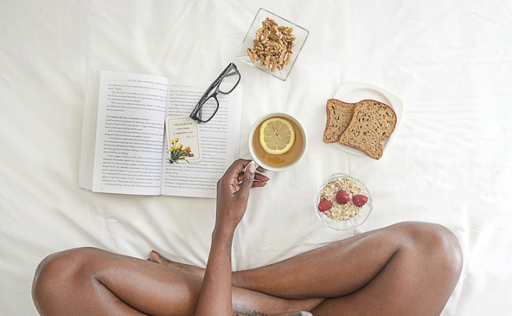 self care,person reading,black woman,healthy,healthy food,book,glasses,food,breakfast,top view,black people,black woman reading,rawpixel