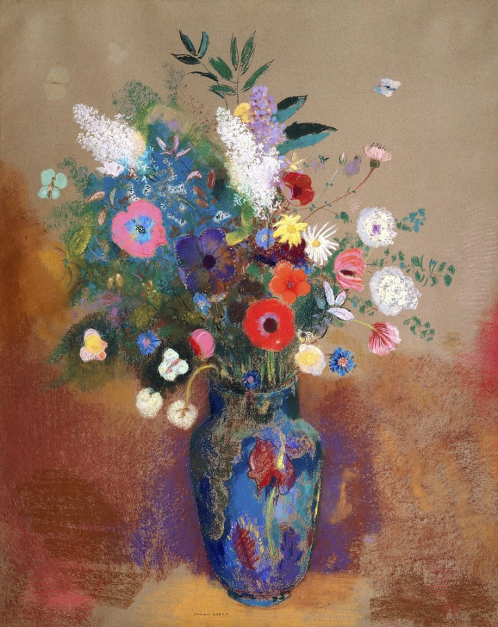 odilon redon,painting,flower,flower painting,poster,redon,bouquet,vase of flowers,spring,pastel,still life,famous painting,rawpixel