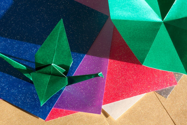 geometric,origami,public domain art,paper crane,colorful geometric,crane,colourful green,violet,folded paper origami,square art,structure,public domain texture,rawpixel