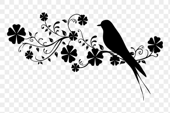 animal,rawpixel,flower,png,public domain,black,floral,border,bird,collage element,free,animal png,black and white