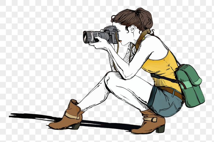 free,rawpixel,png,sticker,public domain,woman,green,person,illustrations,camera,pencil,white,yellow